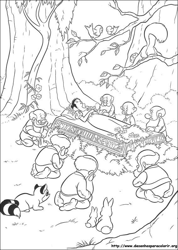 Desenho para colorir com a branca de neve e os sete anões